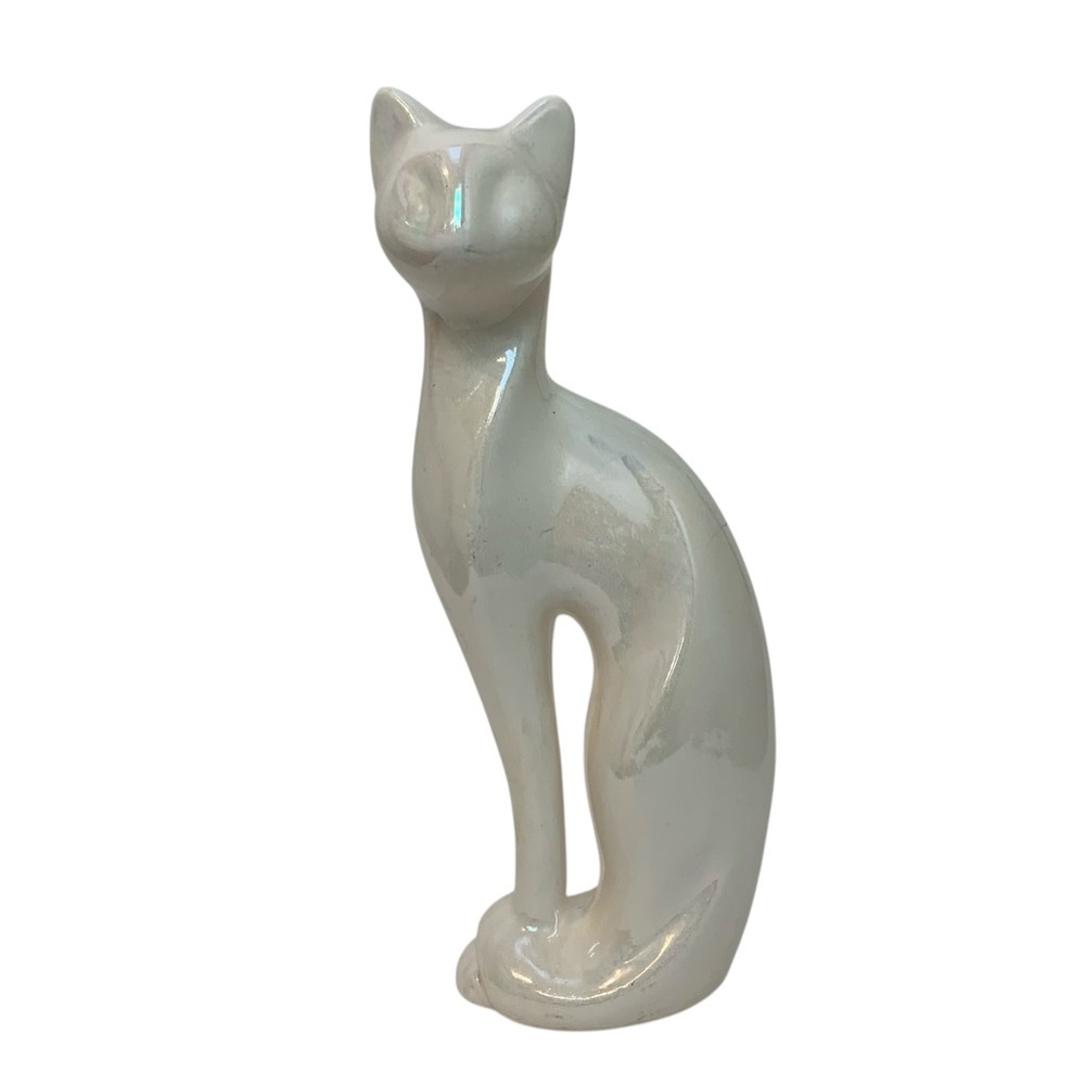 Vintage Cat Figurine 13.5” Tall Slender White Opalescent Ceramic Statue Decor